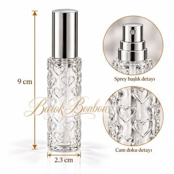 GÜMÜŞ SPREYLİ KALP CAM KOLONYA ŞİŞE 10 ML.